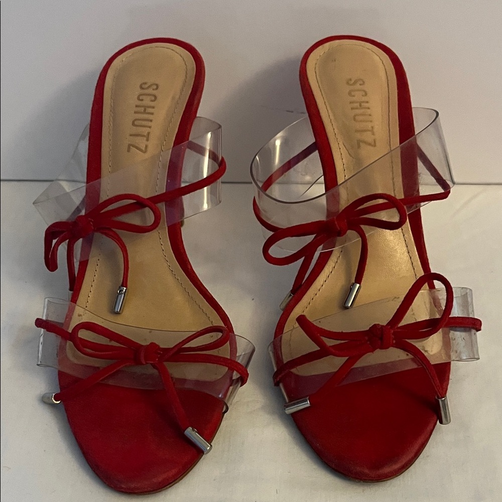 SCHUTZ Red Heels with Clear Straps
